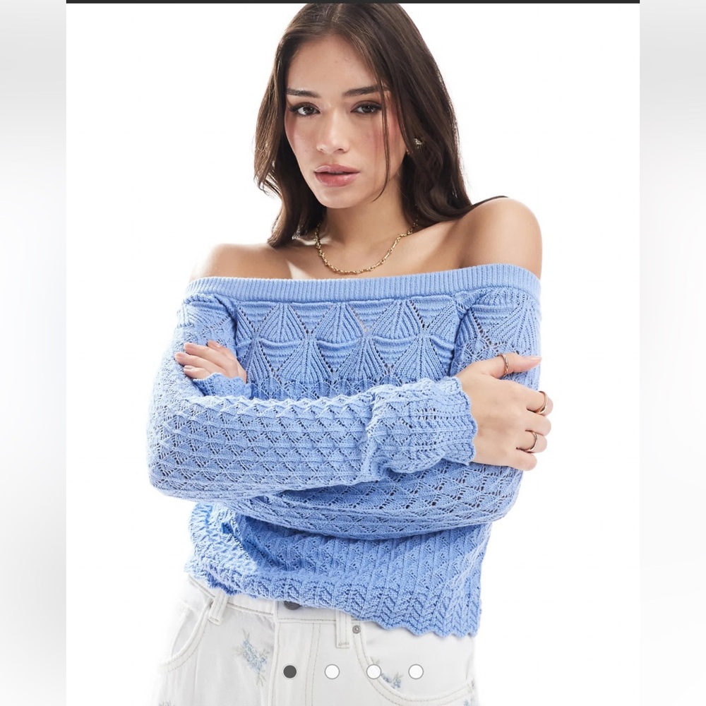 Hollister off the shoulder crochet sweater in light blue